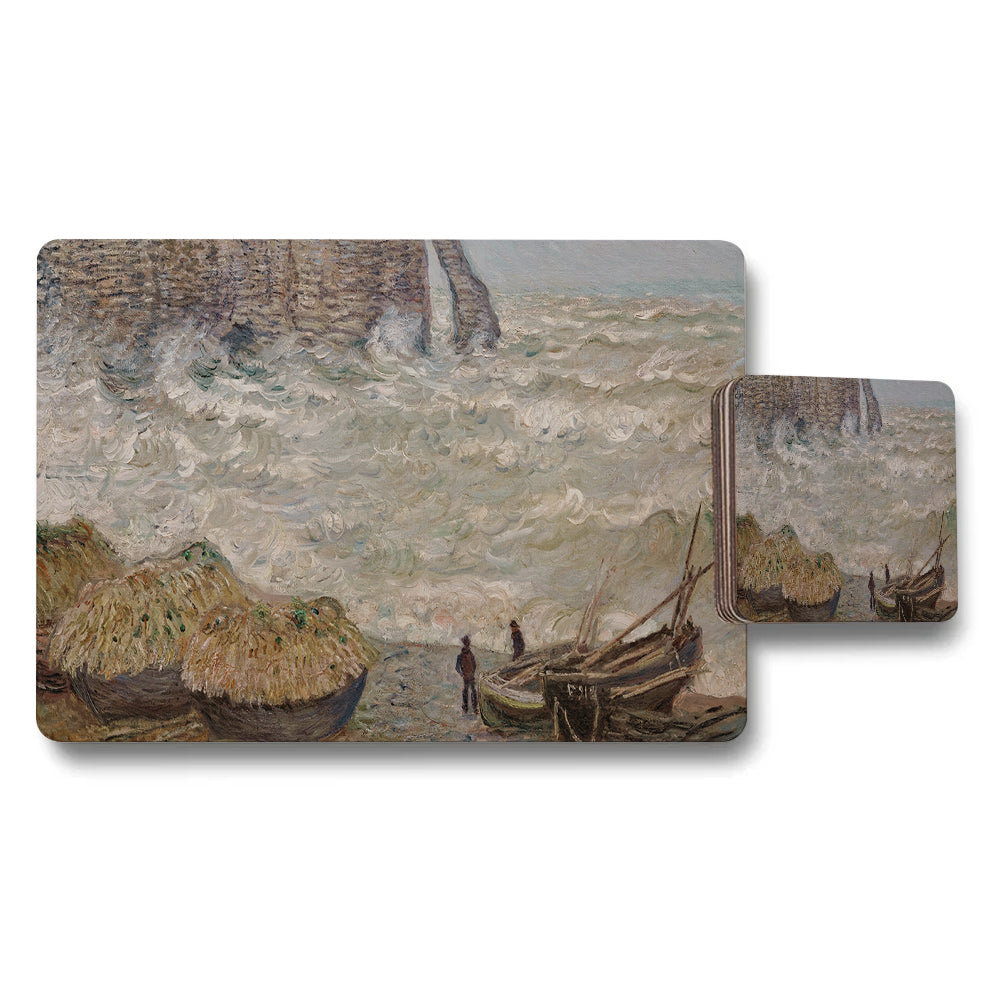 Impressionist Seascape Placemats and Coaster Set with Boats and Waves