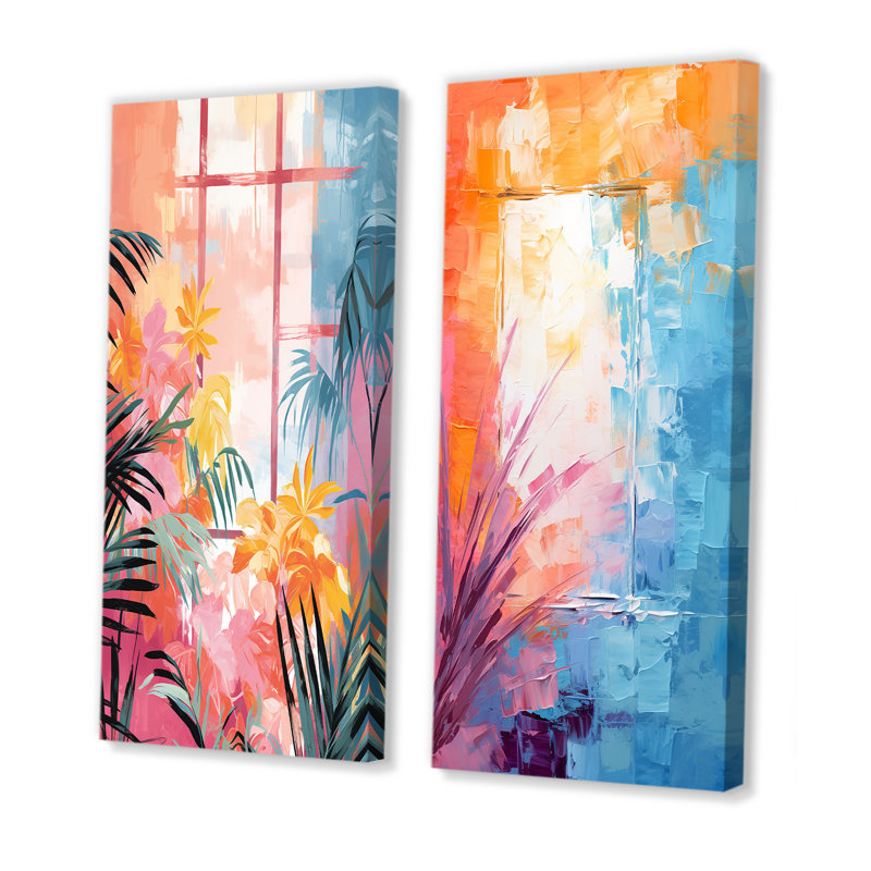 «Pastal Color Tropical Windows View II», ensemble d'art mural sur toile à motif floral abstrait, Toile tendue
