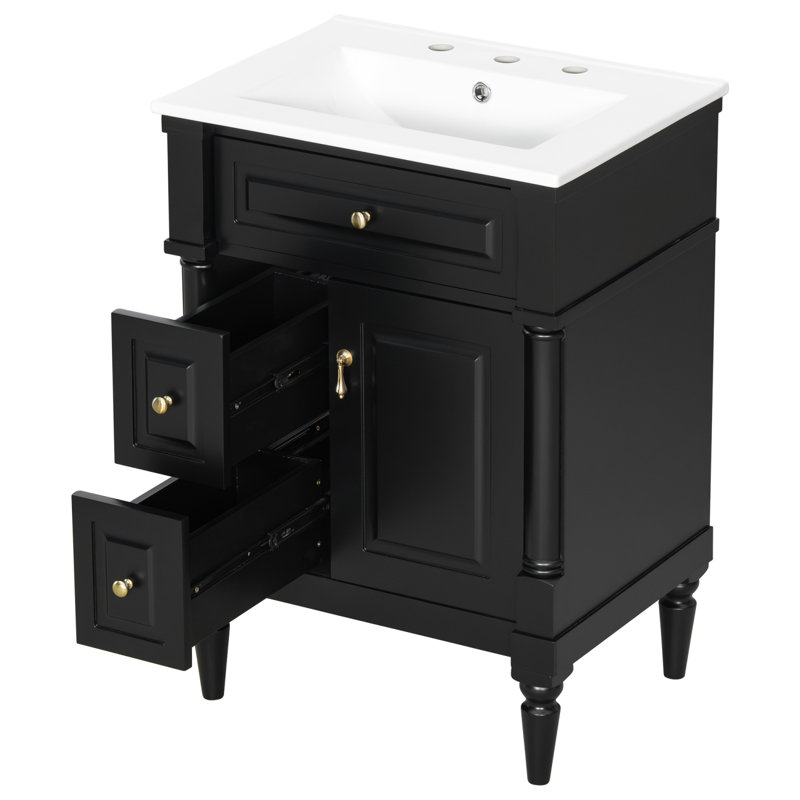 Meuble-lavabo autoportant de 24 po avec lavabo en céramique et rangement réglable, Noir, Doré