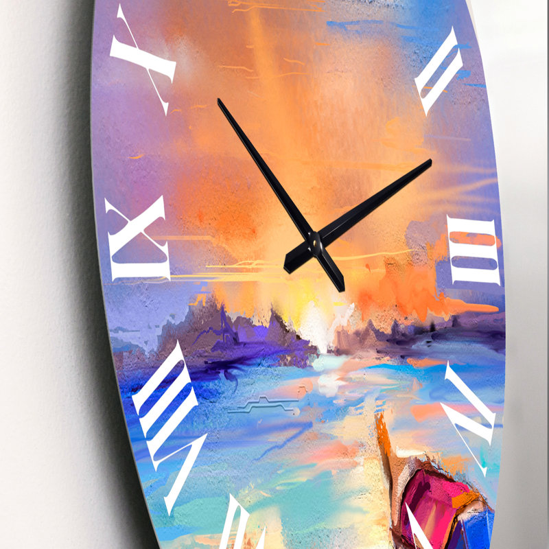 Horloge murale nautique et côtière, coucher de soleil mauve avec petit bateau à l'horizon II, Moyen