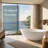 59" Solid Surface Freestanding Bathtub, Glossy White Stone Resin, Deep Soaking, Ergonomic Curve, Pop-Up Drain