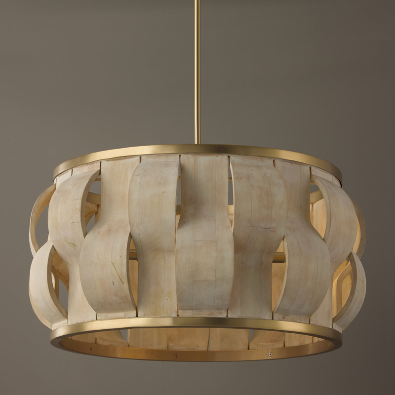 27" W x 13.5" H 4-Light Handcrafted Drum Pendant in Matte Brass with Hand-carved Bleached Mango Wood Panels, 27"W x 13.5"H