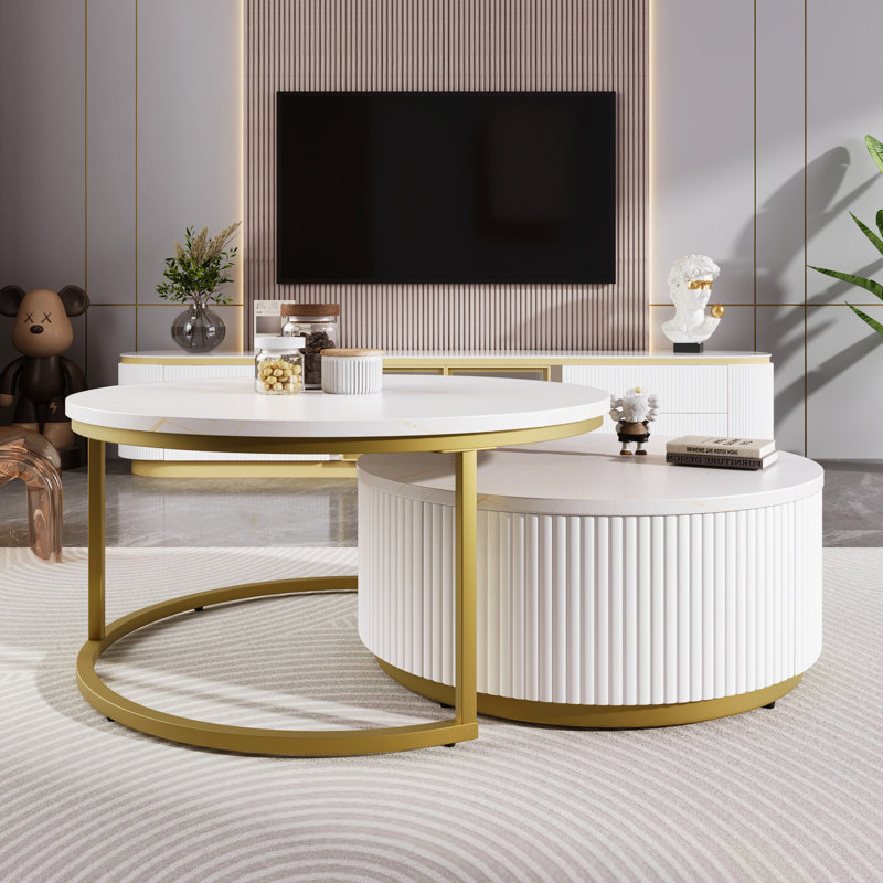 Table basse ronde emboîtable avec plateau et tiroir pratique en blanc et or, Blanc