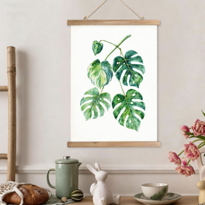 Aquarelle, feuilles de Monstera, art mural à volutes suspendues, cintre en bois intégré, 16 x 24