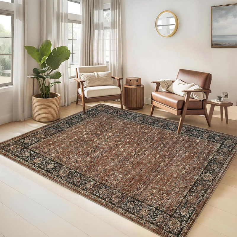  Floral Kitchen Rug – Washable, Non-Slip, Low Pile, Distressed Print for Hallway, Bathroom, Laundry (Beige)