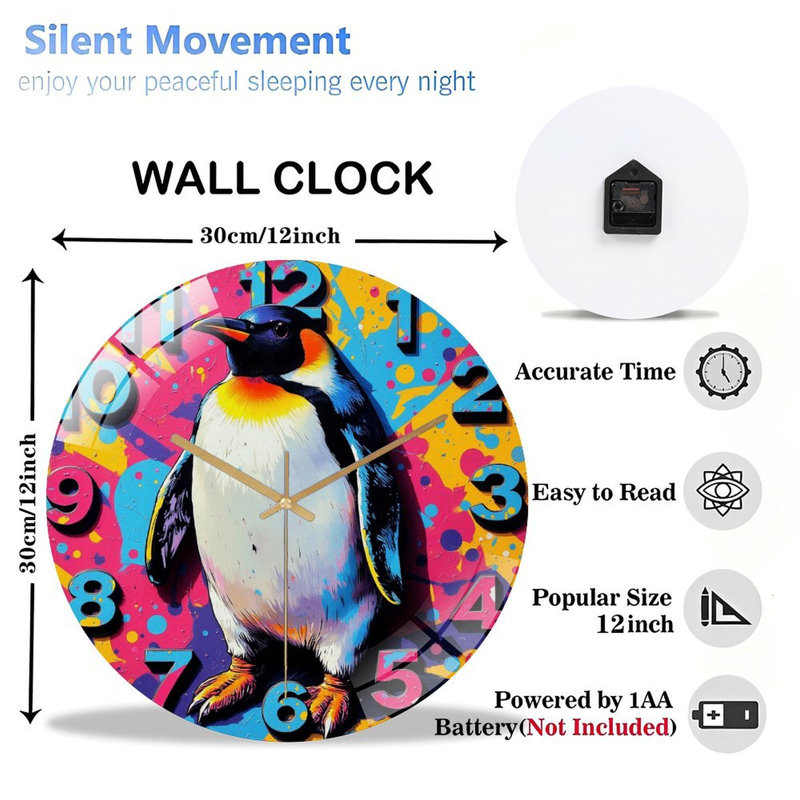 Horloge murale colorée pingouin coloré - 12 po