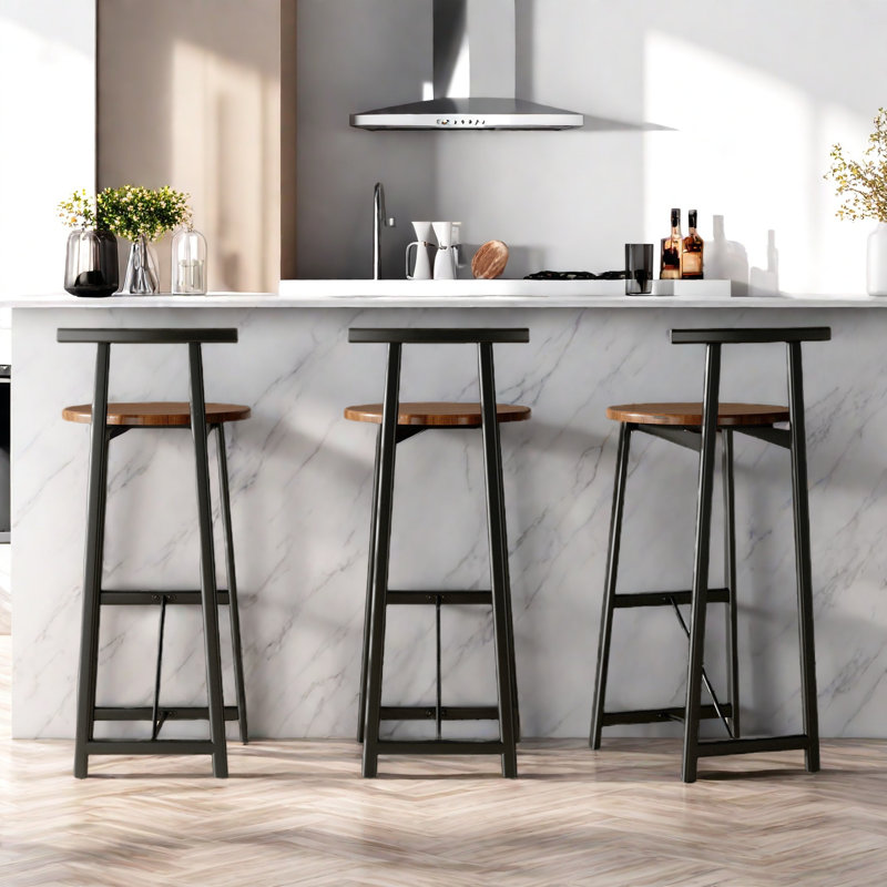 Set Of 3 Bar Stools With Backrest, Footrest And Metal Frame