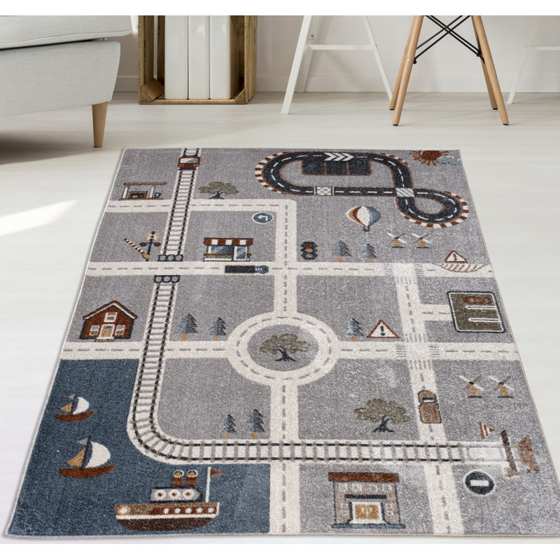 Tapis abstrait en polypropylène / jute tissé à la machine Downton en beige / bleu / gris, Rectangle 6 pi 7 po x 9 pi 6 po