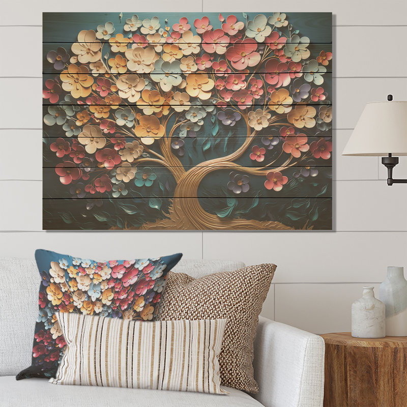 Orchidée dorée colorée, jardin de branches IV - impression sur bois, H 10 po x l 20 po x P 0,78 po
