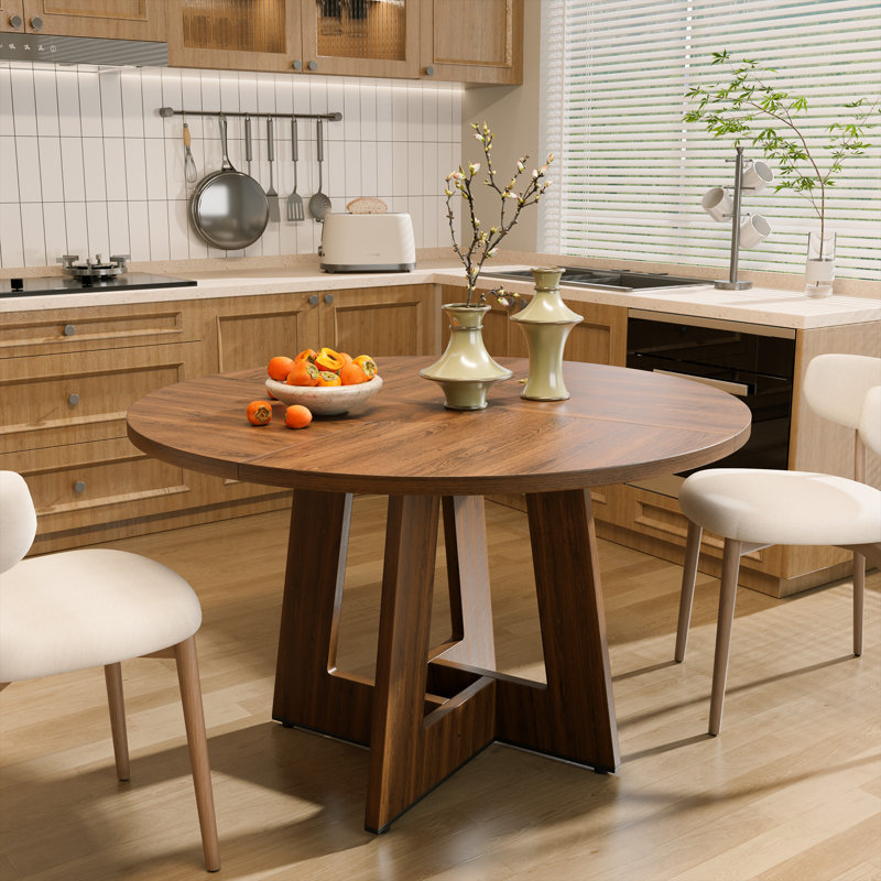 47'' Round Base Wood Farmhouse Dining Table for 4-6 People - Rustic Kitchen & Dining Room Table with Cross Legs, Brown