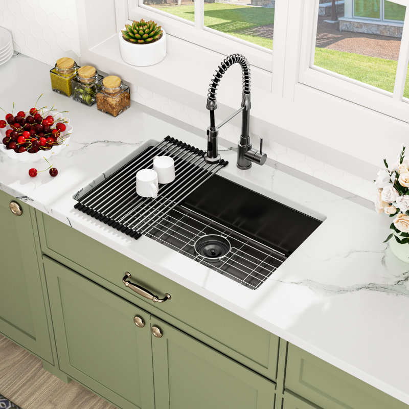 32" L x 19" W Undermount Kitchen Sink 16G Single Basin Kitchen Sink with Basket Strainer and Bottom Grid, Gunmetal Black