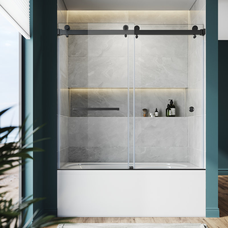 - W x 66'' H Double Added Door Frameless Tub Door with, Matte Black