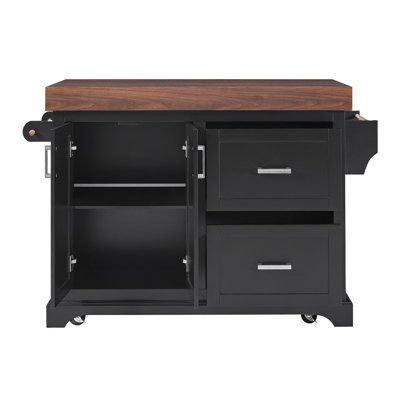 53" Large Kitchen Island With 3.5" Thick Desktop, Spice And Towel Racks, Rolling Kitchen Island With Storage On 5 Wheels, 2 Extra-Large Drawers, For Home, Kitchen, Dining Room, Black