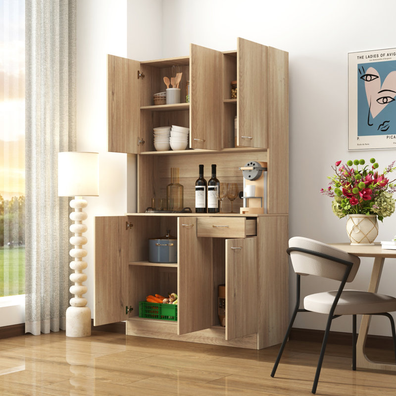 Armoire de cuisine 70,87 "de haut avec 6 portes, 1 tiroir et 1 tablette ouverte pour le rangement dans la chambre à coucher, chêne rustique