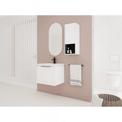 Meuble-lavabo mural modulaire de 24 pouces avec lavabo en céramique, armoire latérale et portes à fermeture en douceur