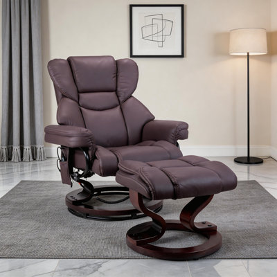 Fauteuil inclinable chauffant à 8 points de massage avec repose-pieds, fauteuil inclinable pivotant à 360 degrés avec base en bois cintré, revêtement en similicuir pour le salon, la chambre à coucher et le bureau