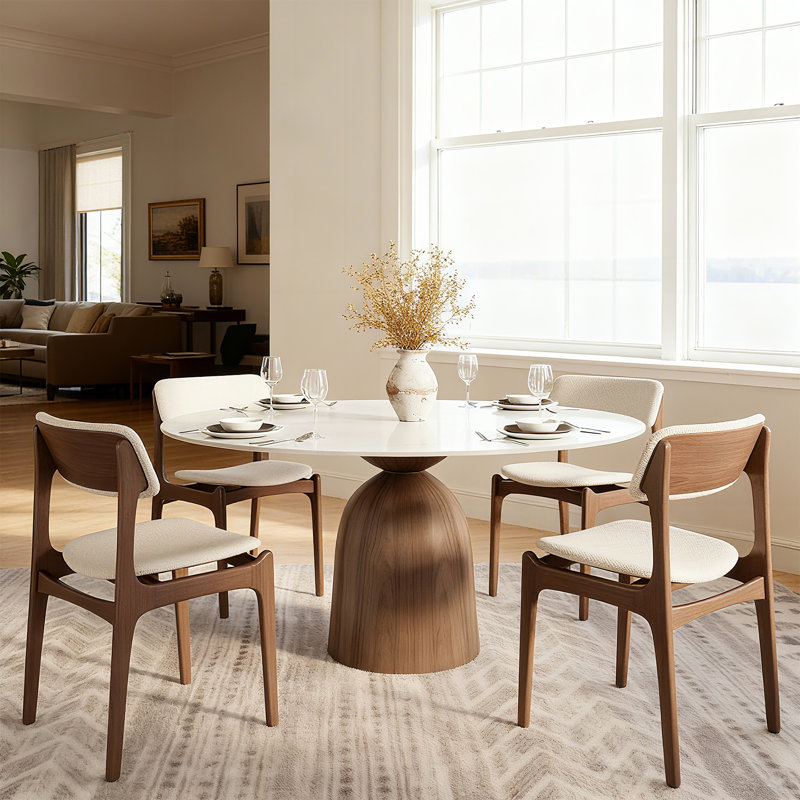 Table de salle à manger Amberly Travertin et dessus en pierre avec base en bois massif - Design moderne pour la maison et le divertissement