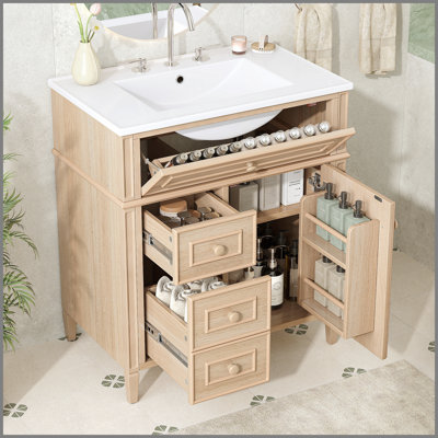 Meuble-lavabo de 30 po avec lavabo, armoire en bois massif et panneau de fibres à densité moyenne, tiroir rabattable, 2 tiroirs à fermeture en douceur, 1 porte à fermeture en douceur, poignées en bois élégantes