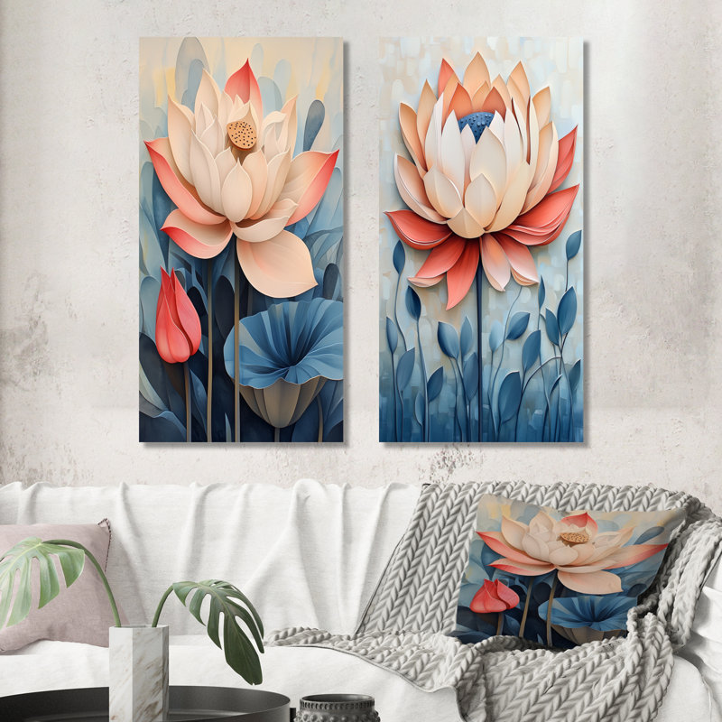 Lotus en floraison douce I - Tableau encadré Japandi en deux parties, 40" H x 40" W, Wrapped Canvas