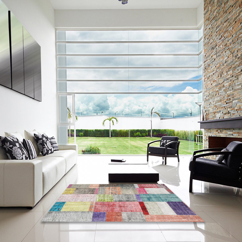 Tapis gris/rose/beige contemporain, Carré 6 pi