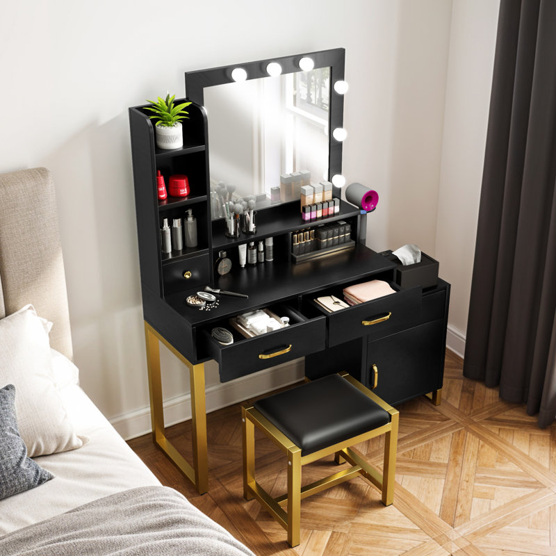 Vanity Desk Table Set Stool Cabinet with Light Bulb, Rectangle Mirror & USB Power Outlets, Black