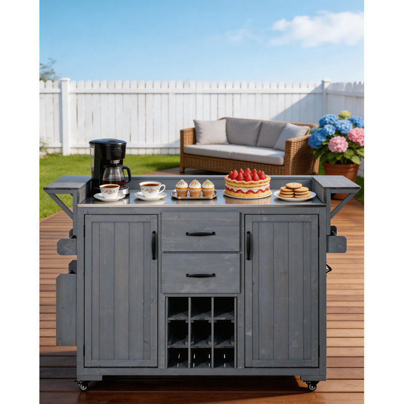 Chariot multifonctionnel pour îlot de cuisine avec plateau en acier inoxydable, armoire de rangement, tiroir et support à vin