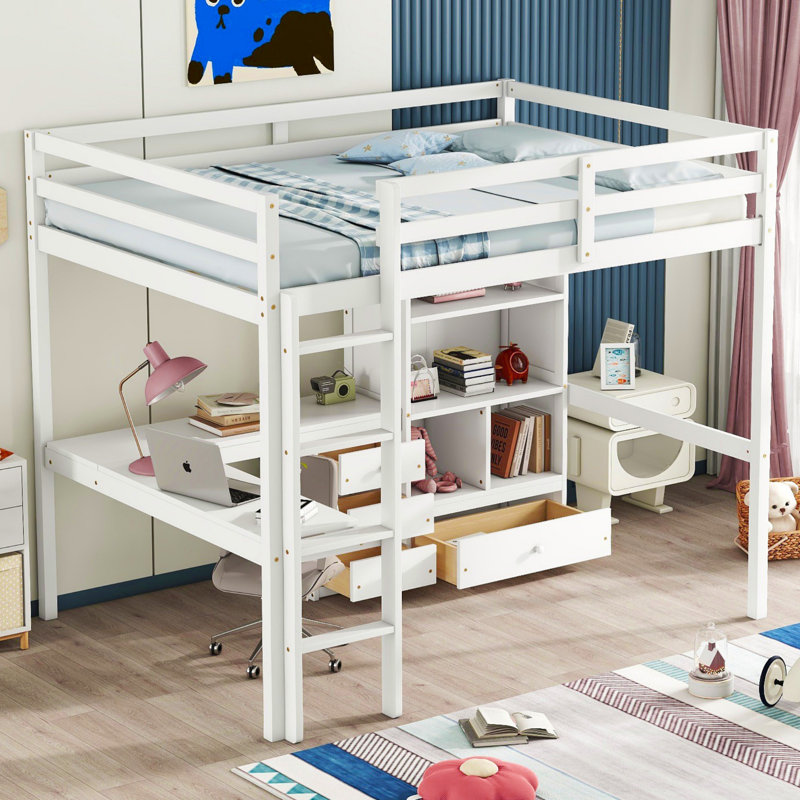 Kasra Kids Full Solid Wood Loft Bed with Desk, Storage Shelves and Drawers, White