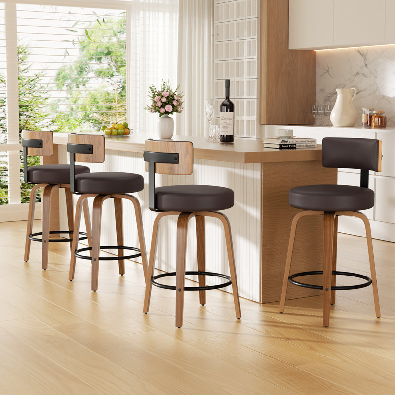 Chic Swivel Leather Upholstered Bar Stool For Ultimate Comfort And Style, Dark Brown, 4