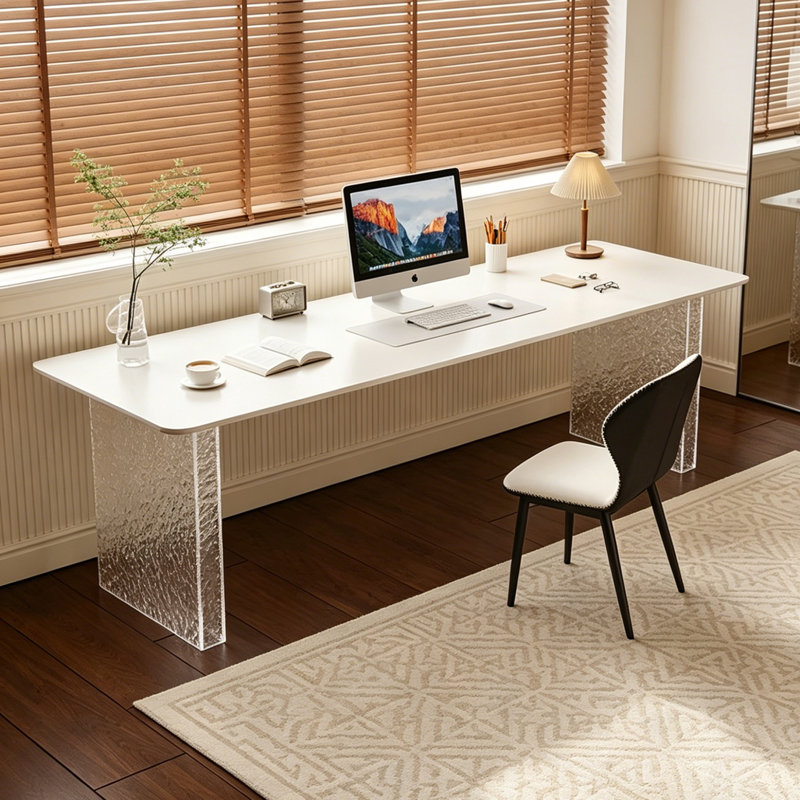 Bureau rectangulaire de style luxueux, H 29,53 po x l 70,87 po x P 23,62 po, Blanc / Transparent