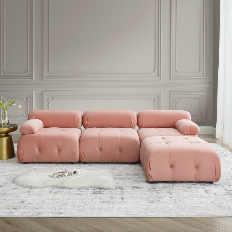 Modular Sectional Sofa, Button Tufted Designed And DIY Combination, L Shaped Couch With Reversible Ottoman, Pink Velvet