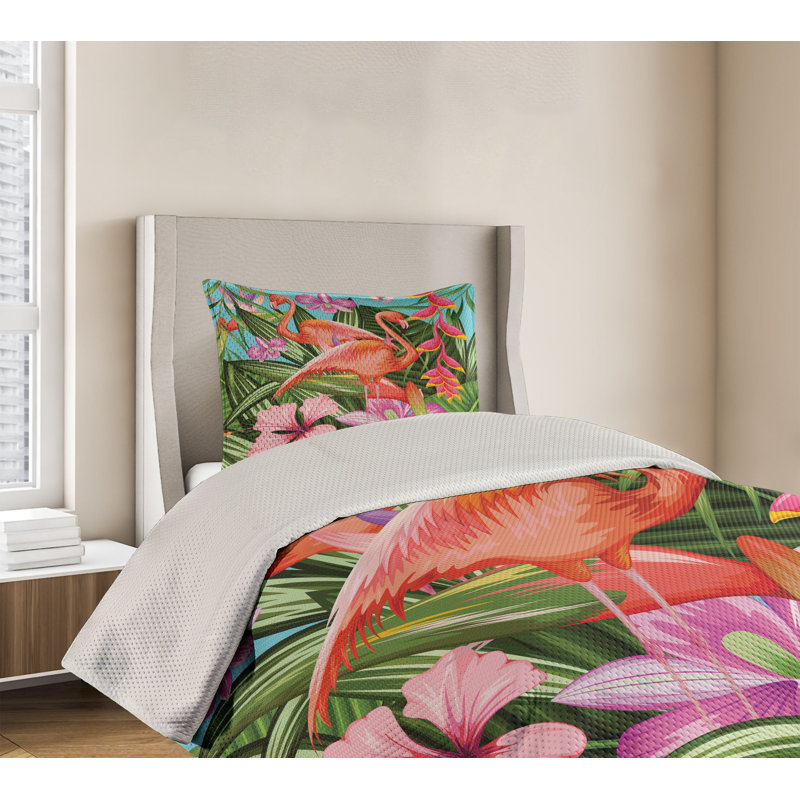 Tropical Flamingo Green Polyester Twin Bedspread Set