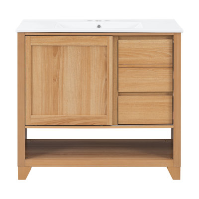 Meuble-lavabo moderne de 36 pouces avec lavabo en céramique, pieds en bois massif et tiroirs à fermeture en douceur, finition bois naturel