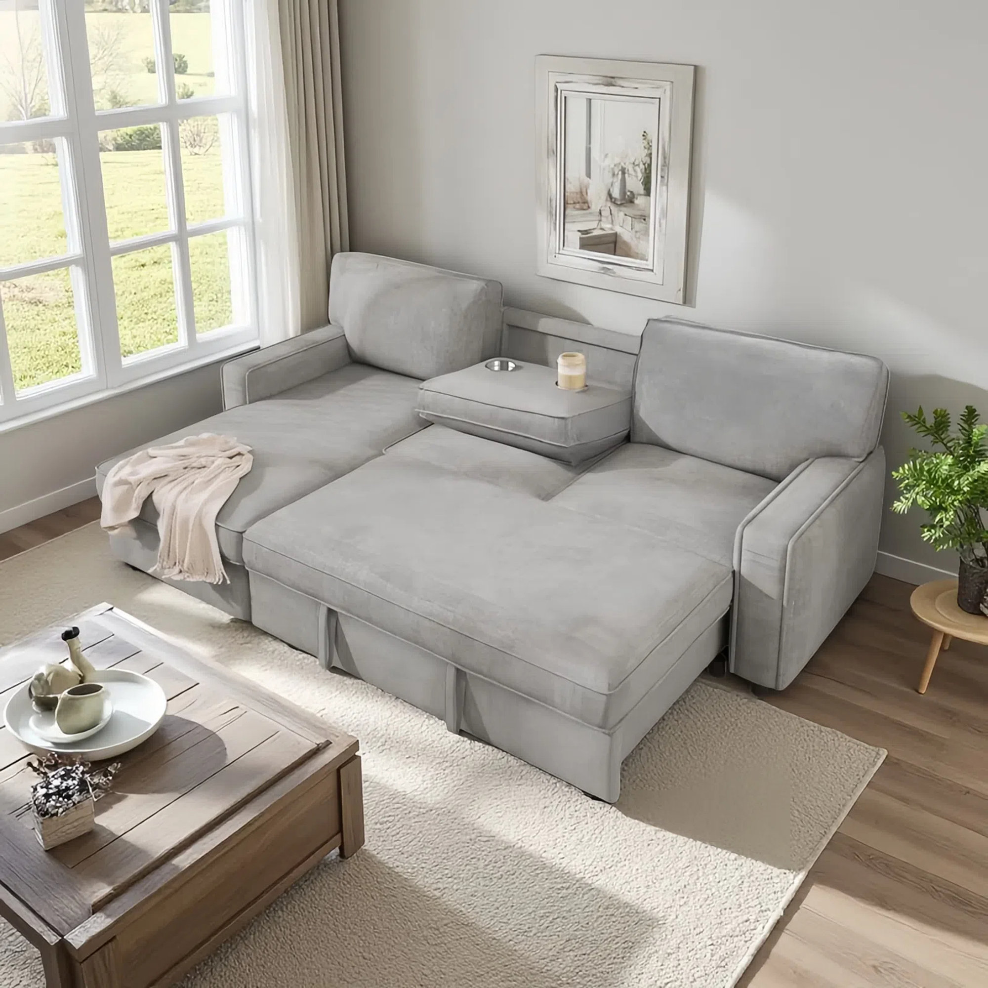 Hokku Designs 89" L-Shaped Sectional Sleeper Sofa With Pull-Out Bed ...