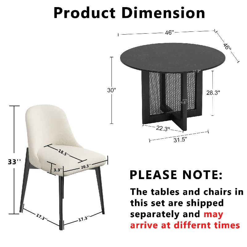 Round Wood Dining Table Chair Set, 30" H x 46" L x 46" W, Black