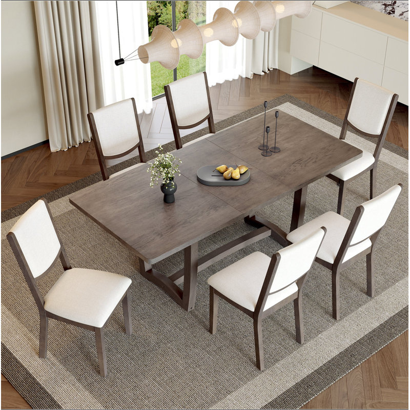 Ensemble de table de salle à manger extensible 7 pièces pour 6 personnes, table de cuisine rectangulaire avec 6 chaises rembourrées, chaises de salle à manger à dossier courbé pour la salle à manger