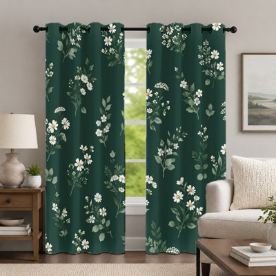 2Pcs Daisy Curtains, Botanical Floral Pattern Window Drape, Farmhouse Style Spring Flower Printed Grommet Panels, Window Treatment for Bedroom Living Room Home Decor