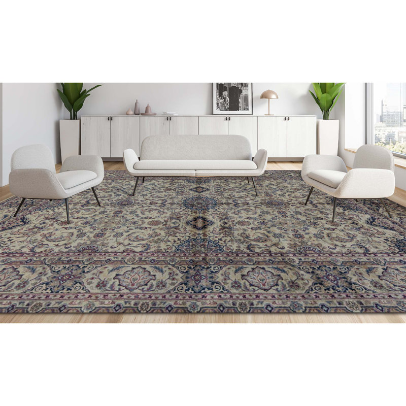 Tapis oriental en laine noué à la main Lamani ivoire / bleu foncé / vert