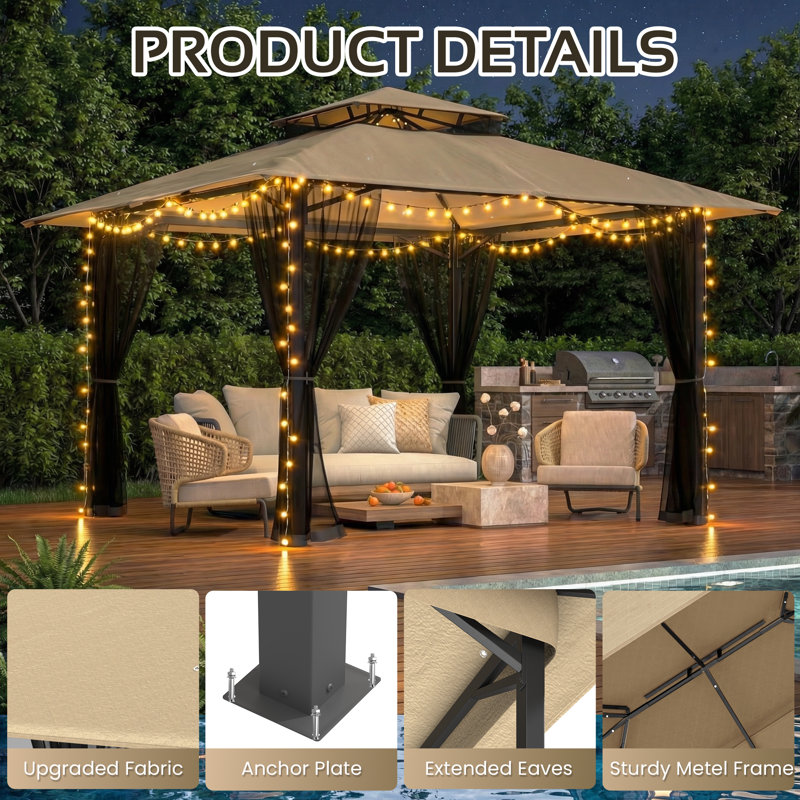 11X11 Gazebo, Outdoor Patio Gazebo With Mosquito Netting, Double Roof Metal Gazebo, Canopy For Backyard Covered Patio, Heavy Duty Gazebo Outdoor For Garden Deck Lawn, Khaki