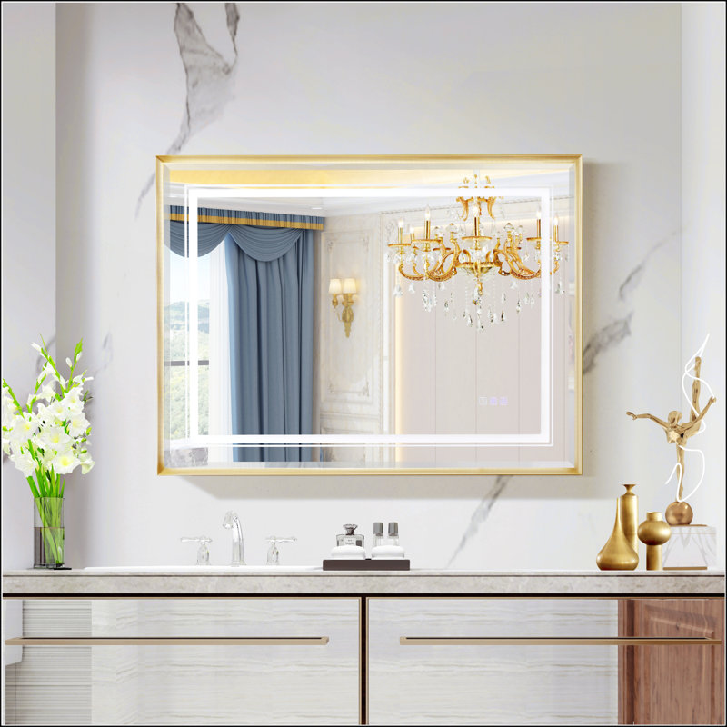 Miroir de salle de bain à DEL avec éclairage antibuée et à intensité variable, idéal pour les salles de bain modernes, Doré