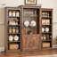 Armoire de rangement multifonctionnelle brune rétro avec éclairage encastré à DEL et tablettes en verre trempé pour la maison et le studio
