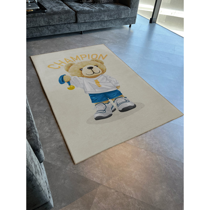 Beige Themed Multi-Coloured "Champion" Lettered Athlete Teddy Bear Patterned Modern Decorative Rug
