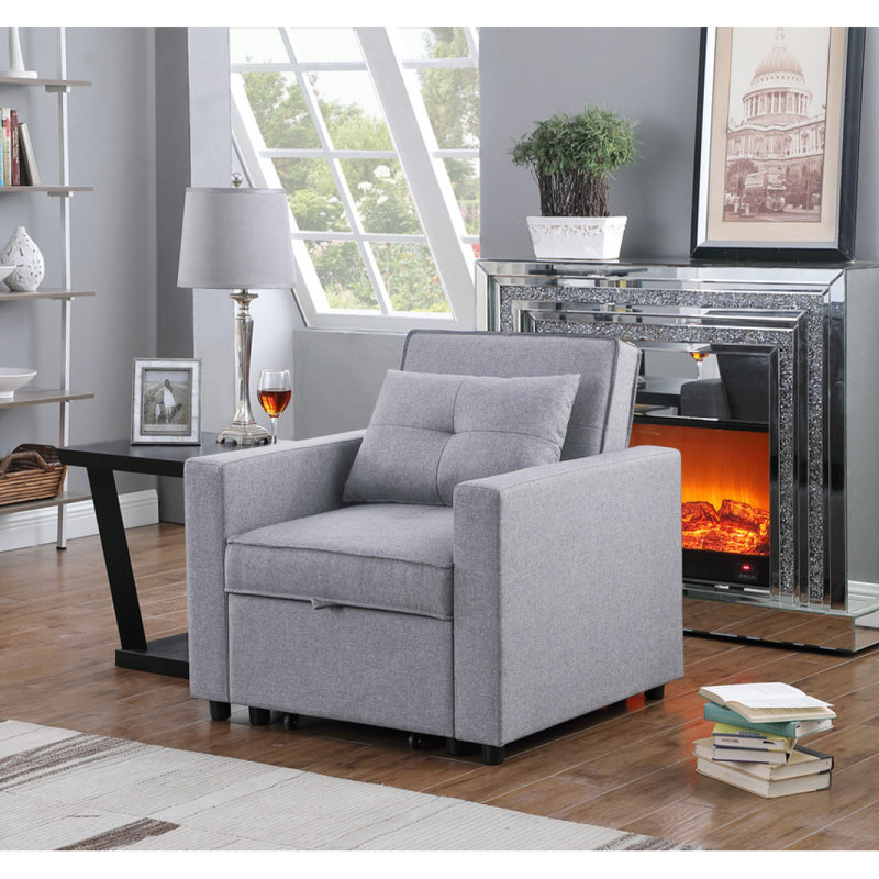 Zoey 33.25" Light Grey Linen Convertible Sleeper Chair With Side Pocket, Light Grey