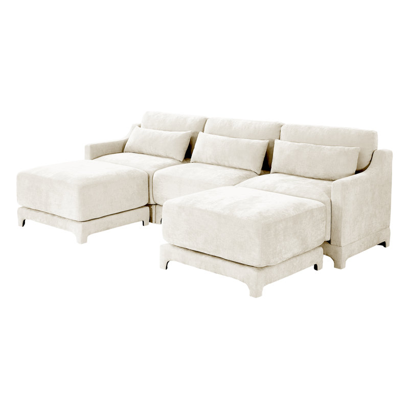 3-seater Chenille Fabric Sofa Equipped With 3 Lumbar Support Pillows And Two Footrest, Beige Chenille