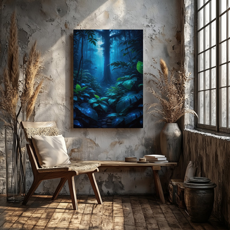 Toile, "Mystical Forest Scene Illuminated By Soft Ethereal Blue Bioluminescence", art mural parmi des feuilles surdimensionnées luxuriantes