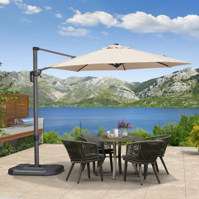PURPLE LEAF 10 FT Round Outdoor Cantilever  Beige Swimming Pool Umbrella with Base and 360-degree Rotation