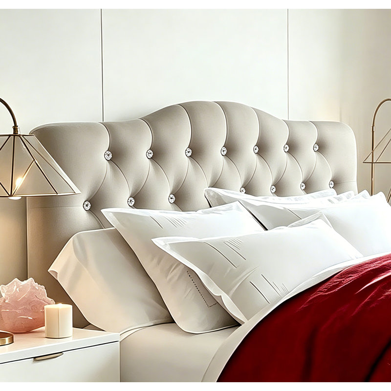 Tête de lit tapissier en lin à hauteur réglable moderne, Grand lit, Natural Beige - Diamond Buttons