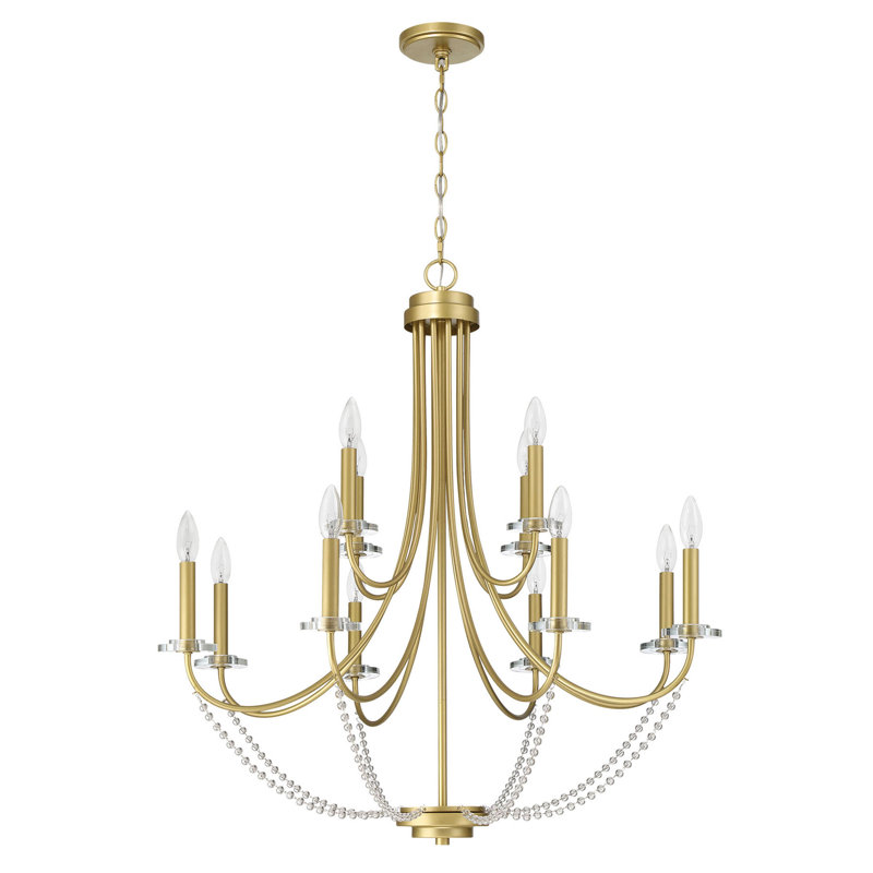 12 - Light Dimmable Candle Chandelier UL Certified, Brass Glitter