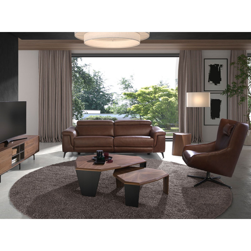 Asymmetrical walnut and black coffee table