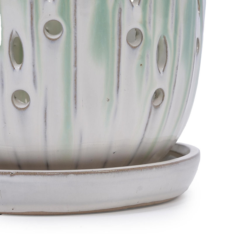 High quality ceramic flowerpot, White/Green
