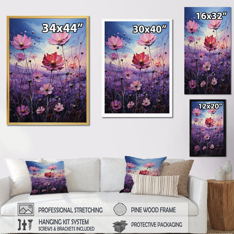 Zinnias Violet Serenade II, reproduction d'art sur toile, H 32 po x l 16 po x P 1 po, Cadre flottant doré